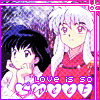 Two anime characters in red kimonos with white hair and black hair pose against a purple starry background with 'love is so sweet' text.