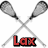 Crossed lacrosse sticks with red text 'Lax' and 'Life', a small equal sign, and a gray rectangle on white background.