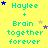 Yellow background with repeated cyan text 'Haylee + Brain together forever' and scattered blue/purple/gold stars in a pattern