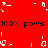 Red background with white pixelated shapes and repeated black text reading "100% powsi" in two horizontal bands.