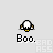 Pixelated cartoon character with white body and black/yellow accents in multiple poses above 'Boo.' text on light gray background.
