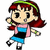 Pixelated character with red hair and green headband, wearing pink jacket over blue and black dress, holding green object, standing in profile pose.