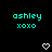 Two identical cyan pixelated text displays reading 'ashley xoxo' with white heart symbols below on a black background.
