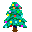 Pixelated Christmas tree with colorful square ornaments and brown trunk, displayed in a of six identical static frames