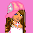 Pixel art contact sheet showing multiple views of a cartoon female character in pink and white attire with a bucket, set against solid pink background.