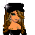 Pixel art contact sheet showing three frames of an animated buddy icon featuring a cartoon woman with long brown hair, black outfit, and accessories alongside partial views of her body and clothing.