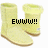 Two light yellow boots with brown soles and green tops, one displaying 'Ewwwww!!' text, the other showing '<3' symbol.