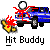Pixelated image of a blue car with red damage effects and a yellow banana, below text reading 'Hit Buddy' on gray background.