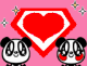 Pixelated cartoon panda faces with red cheeks and black ears appear in a against pink background, each next to large red heart symbols bordered by white outlines