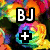 Pixelated icon with 'BJ' text at top, plus sign in middle, 'BFF' text at bottom, and colorful abstract background with leopard print and paperclip patterns.