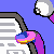 Pixelated animation of a purple character with white eyes reading a document, then using a laptop, with color shifts on its arm.