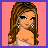 Pixelated portrait of a woman with long brown hair, teal eyes, and white earrings against a pink background bordered by purple.