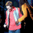 repeated figures in red jackets with blue and white accents, yellow sleeves, and dark pants, set against a dark background with blue patterns