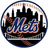 Circular icon with city skyline silhouette and 'Mets' text inside, next to blue background with orange 'Let's Go Mets!' text.