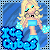 Pixel art contact sheet showing two frames of an animated buddy icon featuring a blonde cartoon woman in blue swimwear with ice cubes and text "Ice Cubes" on a blue background.