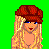 Pixelated character in yellow dress and red cap with text 'Kara' on green background.