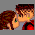 Pixel art animation frame showing two cartoon characters kissing with pink text reading "1st love" on a gray background.