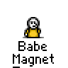 Animated contact sheet of a pixel art buddy icon showing multiple frames with a character, magnet props, and text labels.