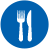 Blue circular icon with white fork and knife positioned vertically side-by-side on a solid blue background.