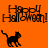 Orange background with black text and cat silhouettes; four identical 'Happy Halloween!' phrases and three black cats in walking pose, one cat missing from bottom-right corner.