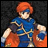 A pixelated anime-style character with orange hair and blue clothing stands beside stylized text on a black background, part of an animated contact sheet frame.