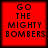 Four identical red square with black text reading 'GO THE MIGHTY BOMBERS' in pixelated font, arranged in a