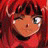 A 48x48 pixel buddy icon featuring a red-haired anime character on the left and stylized text on the black background to the right, displayed as part of an animated contact sheet with two visible frames.