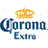 Pixelated graphic with a golden crown above blue text reading 'Corona Extra' on white background with scattered pastel squares.