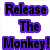 Pixelated image with purple text 'Release The Monkey!' on white background and a purple monkey character on black background.