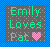 Static pixel art icon with green text reading 'Emily Loves Pat' and a pink heart symbol on a gray background bordered by blue checkered pattern.