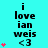 Cyan background with black text reading "i love ian weis <3" and pink heart symbols in varying quantities across three