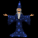 Animated wizard in blue robe with white stars, gray beard, and blue pointed hat, performing sequential arm movements against black background.