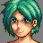 Pixel art portrait of a person with short, spiky teal hair, light skin, and blue eyes with white highlights, set against a solid gray background.