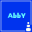 Blue square icon with light blue text 'Abby' and a white pixelated snowman-like figure in the bottom right corner.