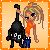 Pixel art of a girl with blonde dreadlocks in an orange shirt and blue pants holding a black cat with white eyes, set against an orange background with white dots.