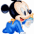 Pixelated cartoon character with large black ears, light skin, blue overalls, and a red mouth holding a colorful object.