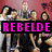 six pixelated group photos with a central pink text overlay reading REBELDE, showing people in various poses against red and blue backgrounds