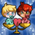 Pixelated cartoon-style icon showing two stylized characters standing on a golden scale with a pink heart symbol between them against a blue background.