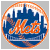 Circular pixelated icon with orange border, blue cityscape skyline background, and prominent orange cursive 'Mets' text overlaid on a white horizontal stripe.