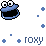 Pixelated blue character face with large white eyes and black pupils, open mouth showing teeth, surrounded by scattered blue plus signs and squares on a white background.
