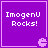Purple square with white text 'ImogenU Rocks!' and a small pixelated Pac-Man-like icon in the bottom-right corner.