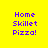 Yellow background with purple text reading "Home Skillet Pizza!" in three , each having a pink rectangular overlay on the top or bottom