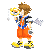 Pixel art character in orange shorts and yellow shoes holding a key-shaped object, with three distinct facial expressions across frames.