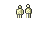Two pixelated figures in beige and black stand side-by-side above a white arrow cursor pointing upward, with three small black squares on a gray background.