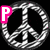 Five peace sign icons with zebra-stripe patterns, each overlaid with a single pink letter on a black background.