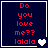 Four display red pixelated text 'Do you love me?? lalala' on dark blue backgrounds with white borders; one shows a single white heart, two show gray hearts, and one shows no heart