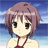 Pixelated anime-style character with short purple hair and brown eyes, wearing a white top with a red strap, set against a blue gradient background.