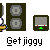 Animated contact sheet of a 50x50 pixel AIM buddy icon showing sequential frames of a stick figure interacting with computer monitors and speakers, labeled "Get jiggy" below each frame.