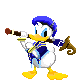 Donald Duck in blue sailor outfit holding brown and gold musical instrument, standing on gray background with yellow feet.