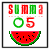 Pixel art image with 'SUMMA' text, green and red lettering, a green circle, the number 5, and a watermelon slice.